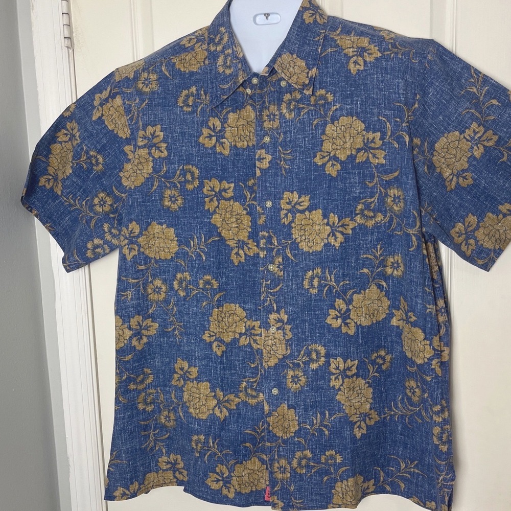 Vintage Reyn Spooner Hawaiian Shirt XXL Blue Gold Floral Reverse Print Korea